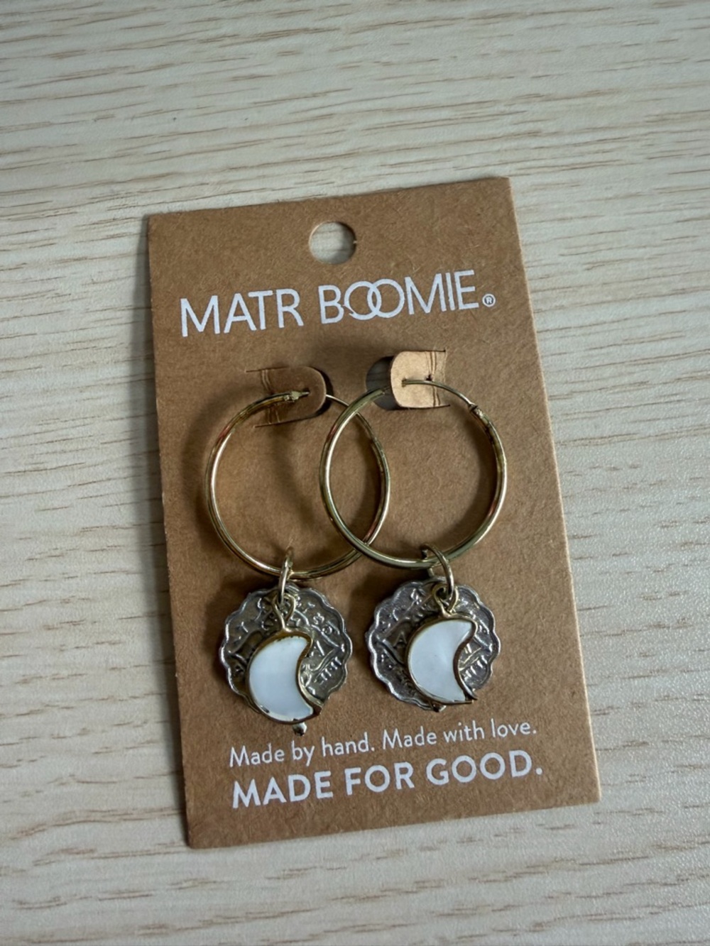 Matr Boomie Gold Hoop Earrings with White Moon Charm
